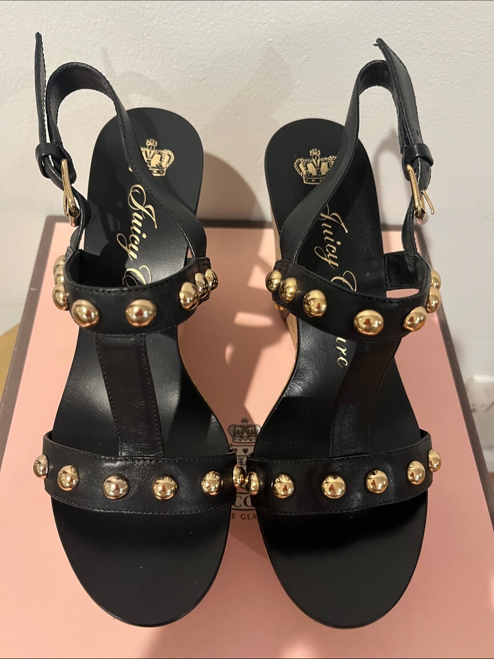 Juicy Couture Black Leather Gold-Studded Slingback Heels